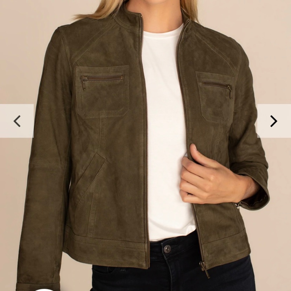 Trina Turk 🔥 Warner Jacket Suede Moto Jacket Peat Green